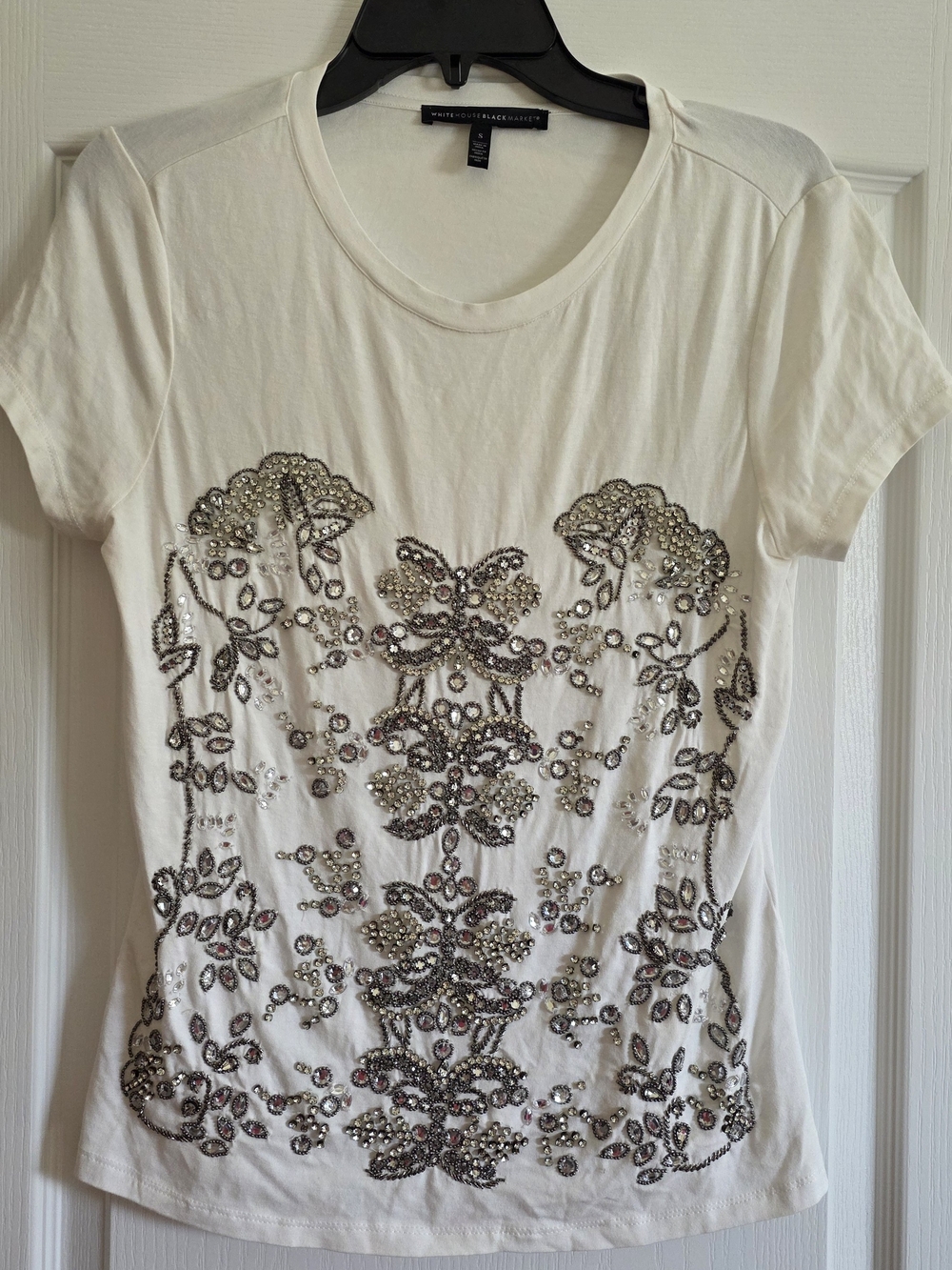 White House Black Market Ivory Short-Sleeve Embellished Tee with Silver Accents